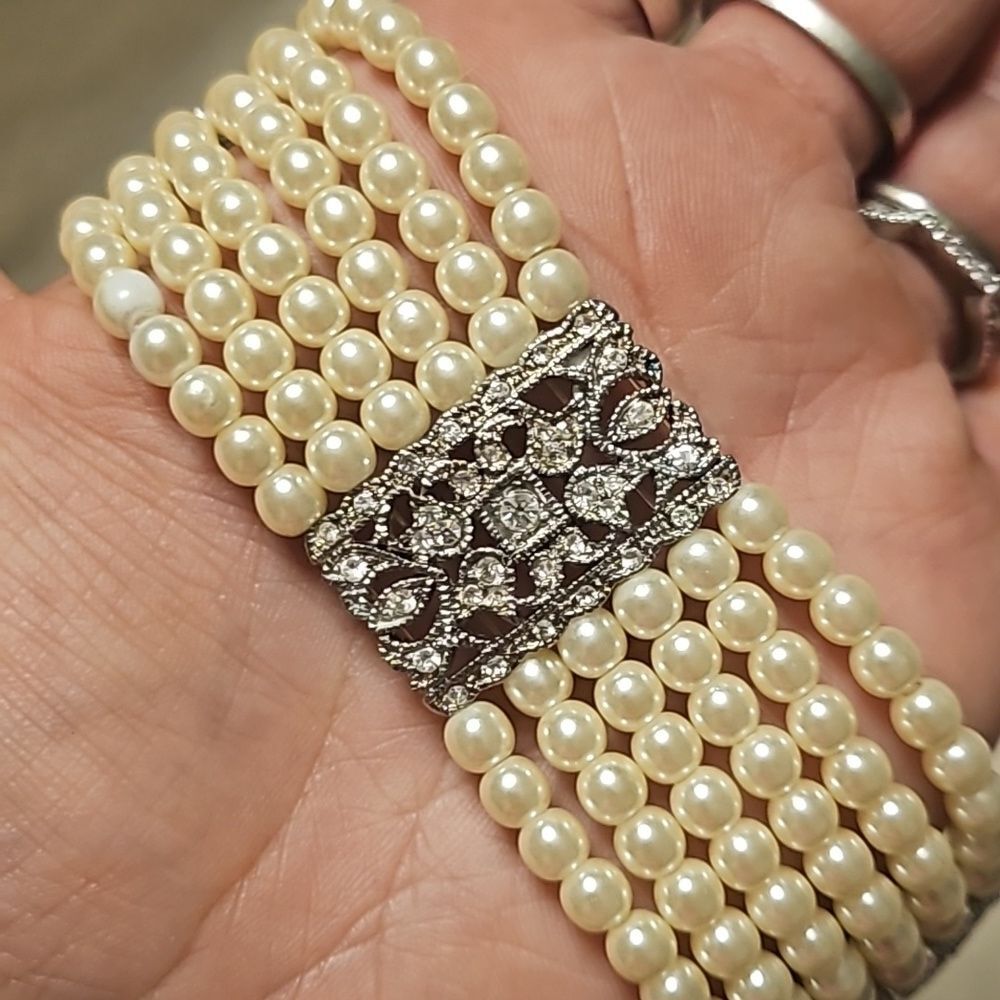 Vintage Eduardian Style Multistrand Faux Pearl Diamond Choker Necklace - Picture 11 of 11